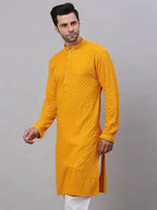 Jompers Men's Mustard Chikankari Embroidered and Sequence Kurta Only | Grocsy