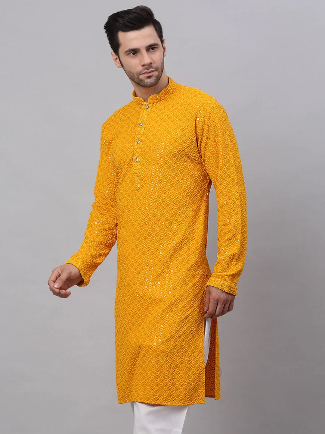 Jompers Men's Mustard Chikankari Embroidered and Sequence Kurta Only | Grocsy
