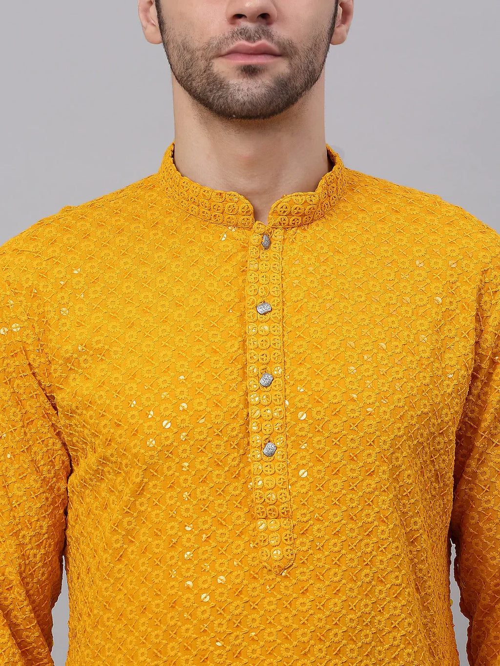 Jompers Men's Mustard Chikankari Embroidered and Sequence Kurta Only | Grocsy