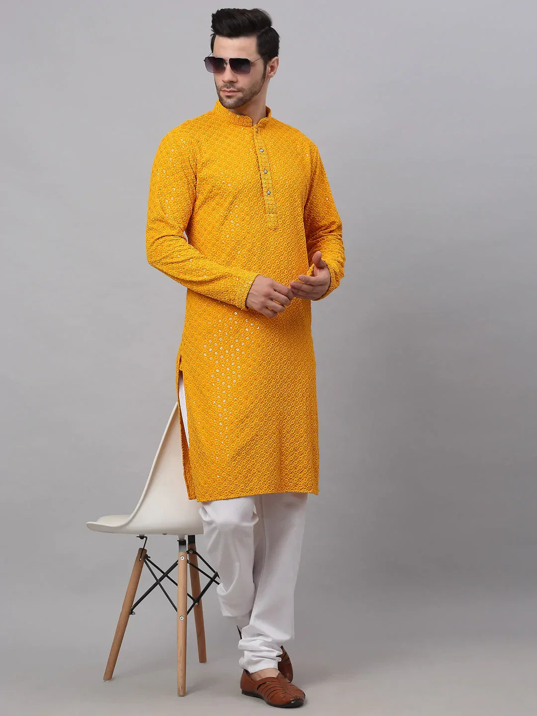 Jompers Men's Mustard Chikankari Embroidered and Sequence Kurta Only | Grocsy