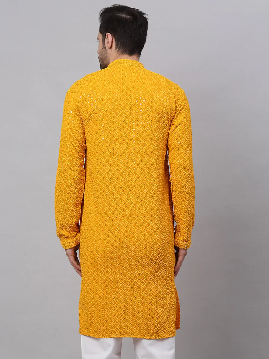 Jompers Men's Mustard Chikankari Embroidered and Sequence Kurta Only | Grocsy
