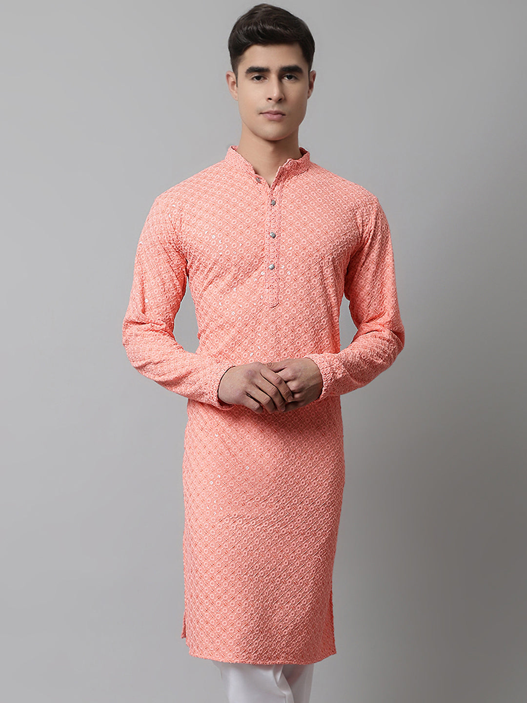 Jompers Men's Peach Chikankari Embroidered and Sequence Kurta | Grocsy