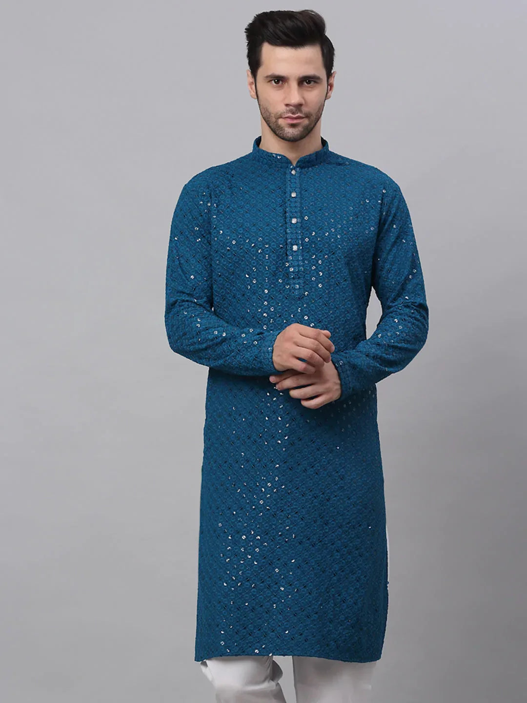 Jompers Men's Blue Chikankari Embroidered and Sequence Kurta Only | Grocsy