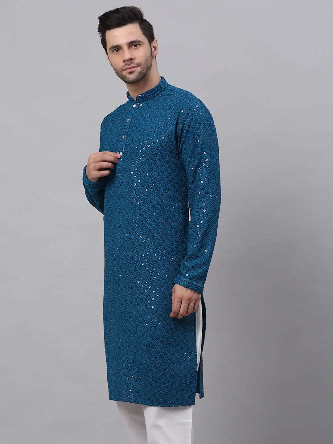 Jompers Men's Blue Chikankari Embroidered and Sequence Kurta Only | Grocsy