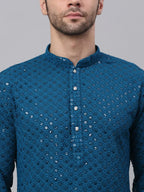 Jompers Men's Blue Chikankari Embroidered and Sequence Kurta Only | Grocsy