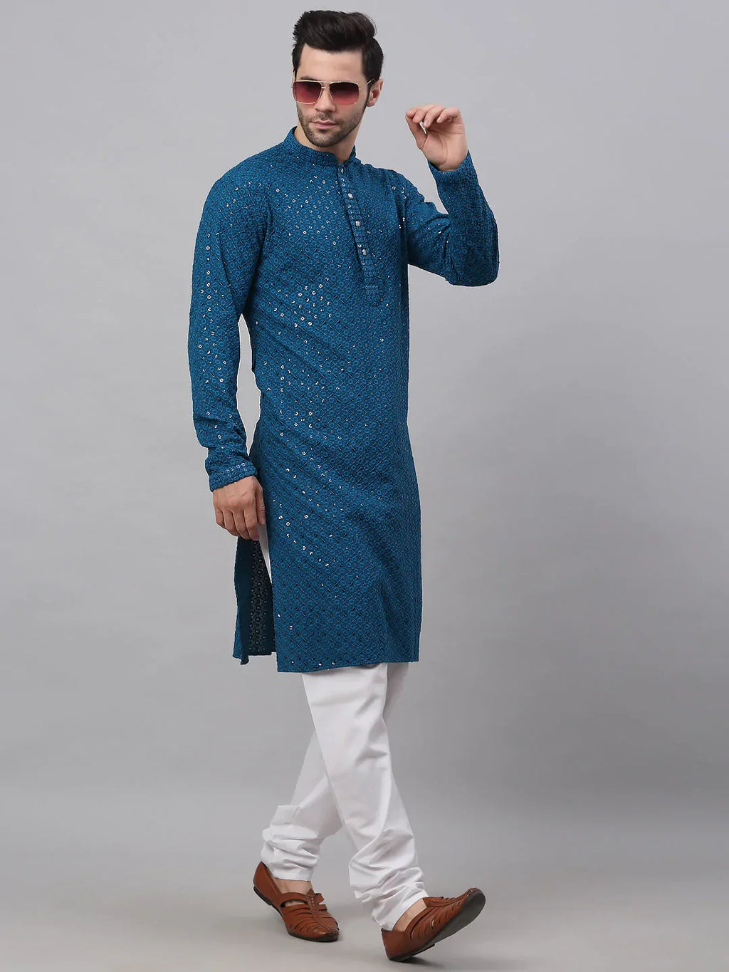 Jompers Men's Blue Chikankari Embroidered and Sequence Kurta Only | Grocsy