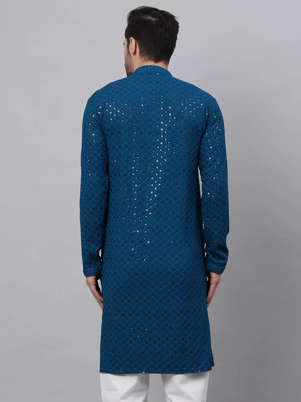 Jompers Men's Blue Chikankari Embroidered and Sequence Kurta Only | Grocsy