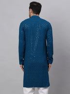 Jompers Men's Blue Chikankari Embroidered and Sequence Kurta Only | Grocsy