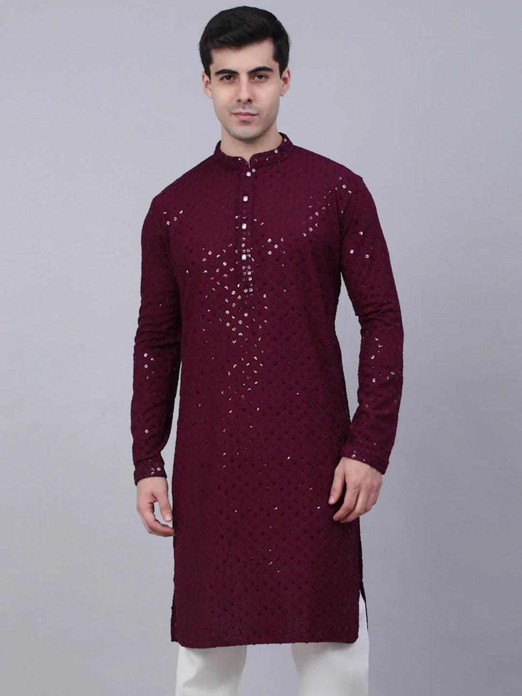 Jompers Men's Purple Chikankari Embroidered and Sequence Kurta Only | Grocsy