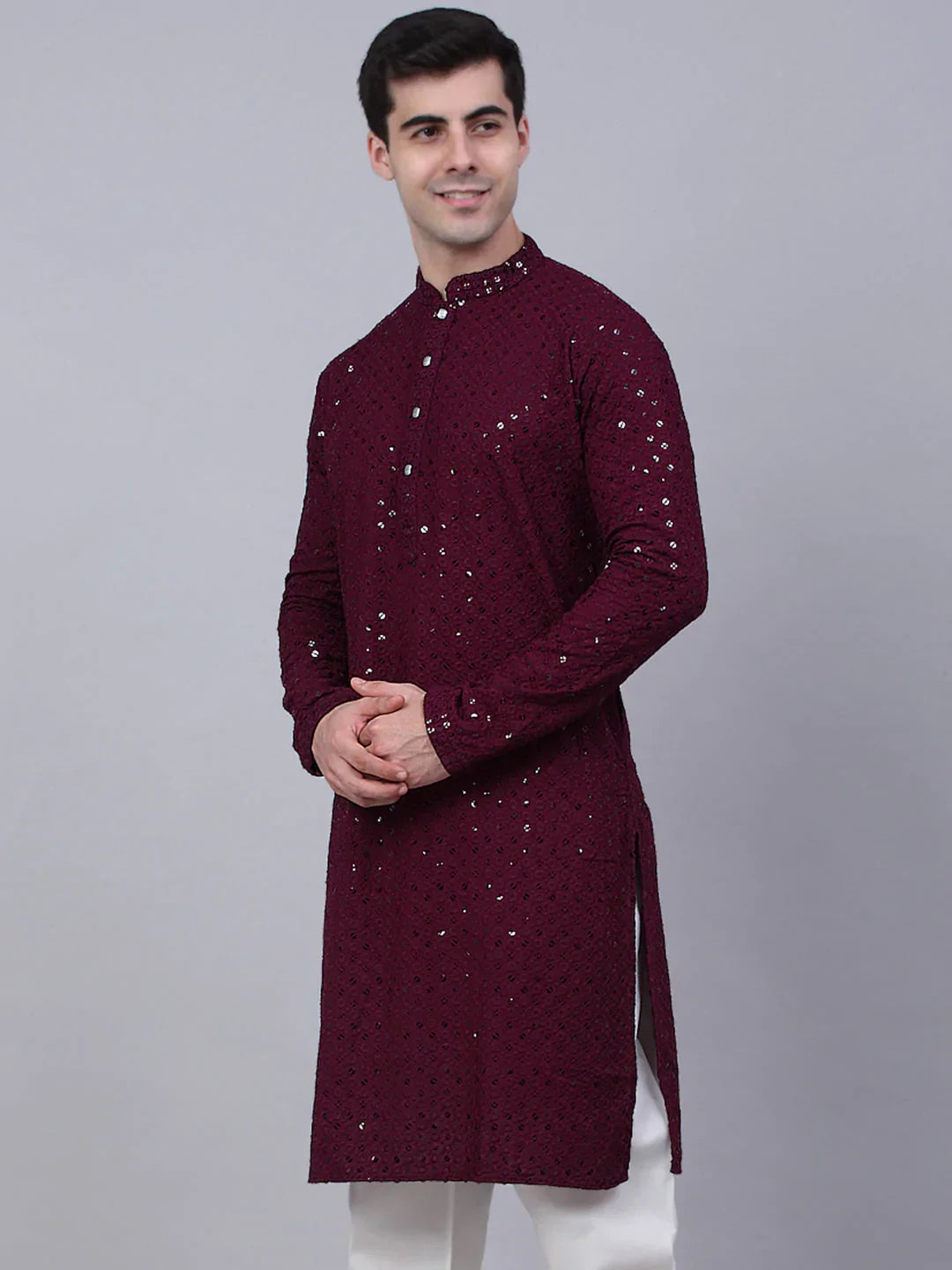 Jompers Men's Purple Chikankari Embroidered and Sequence Kurta Only | Grocsy