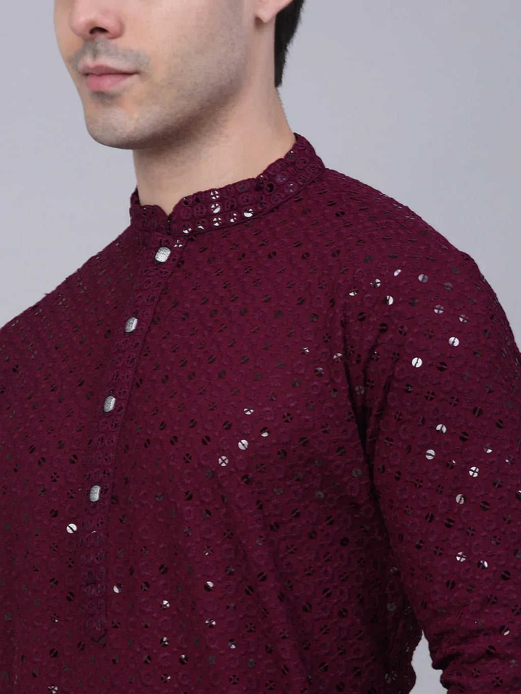 Jompers Men's Purple Chikankari Embroidered and Sequence Kurta Only | Grocsy
