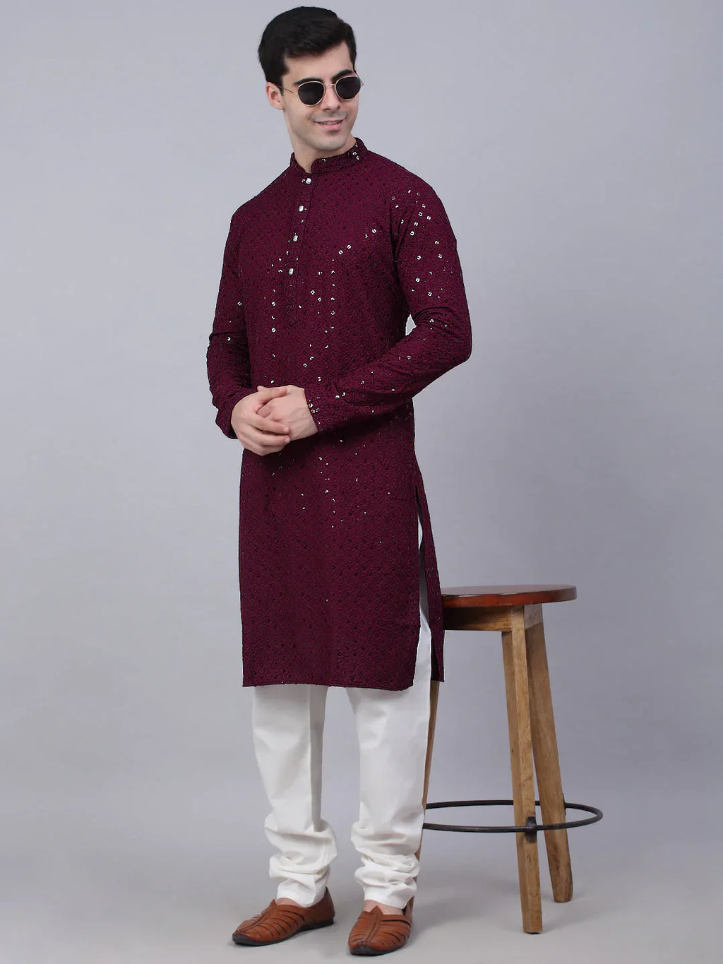 Jompers Men's Purple Chikankari Embroidered and Sequence Kurta Only | Grocsy