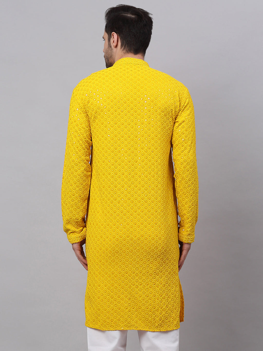 Jompers Men's Yellow Chikankari Embroidered and Sequence Kurta | Grocsy
