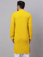 Jompers Men's Yellow Chikankari Embroidered and Sequence Kurta | Grocsy