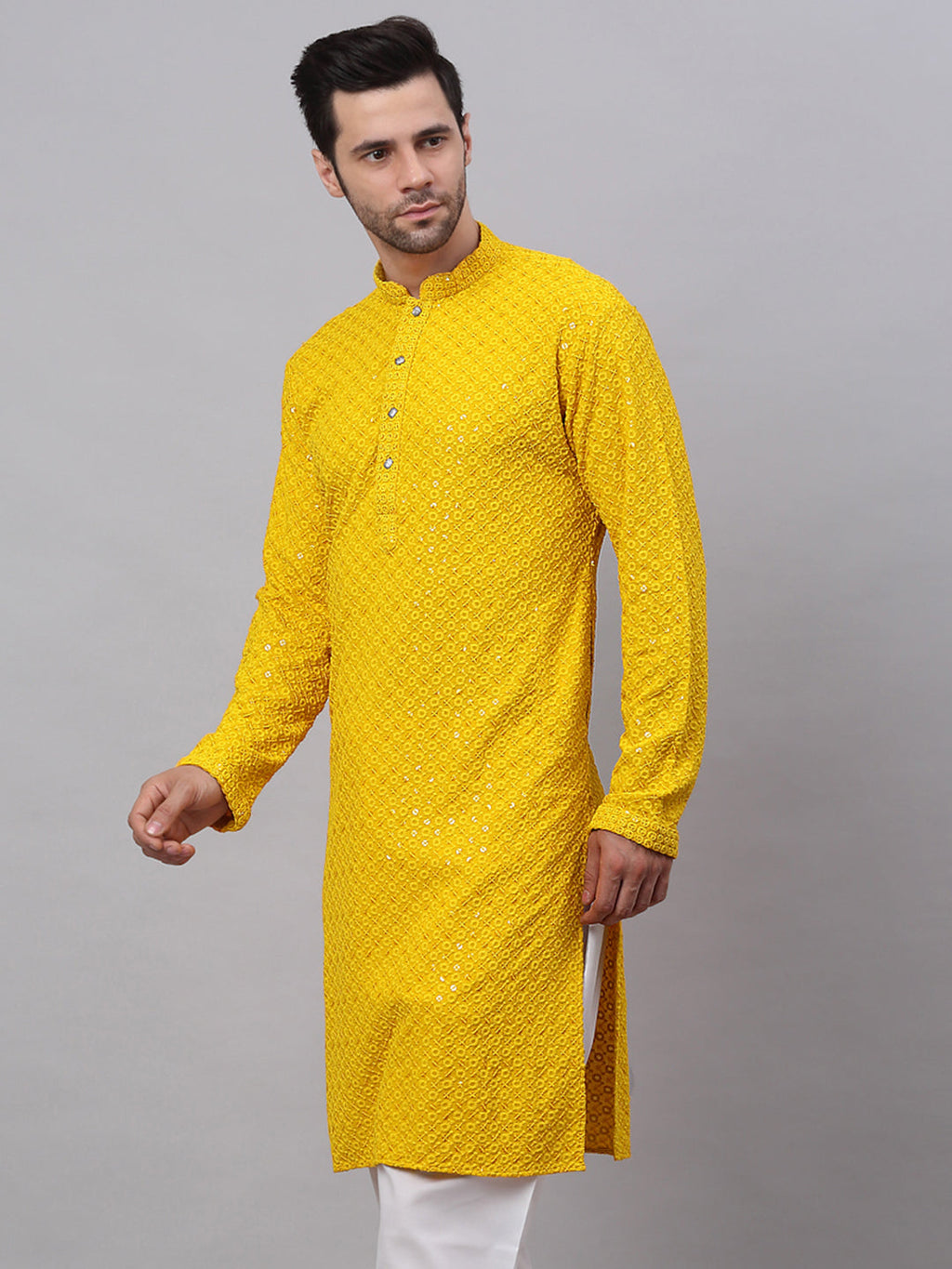 Jompers Men's Yellow Chikankari Embroidered and Sequence Kurta | Grocsy