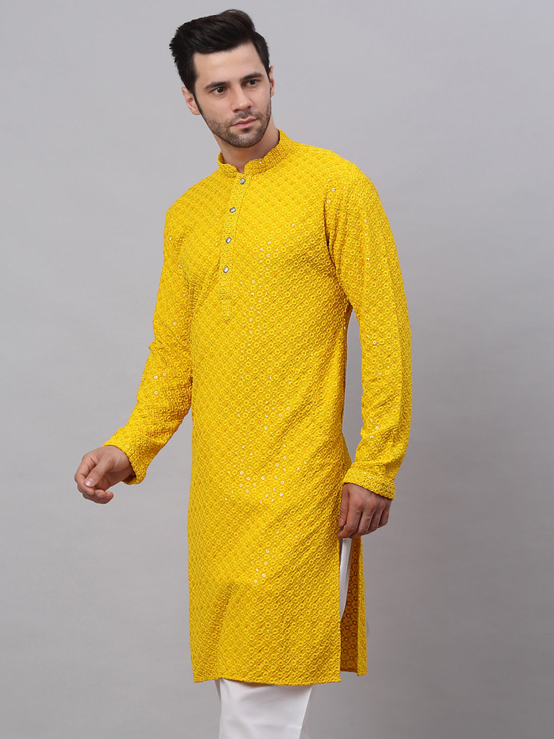 Jompers Men's Yellow Chikankari Embroidered and Sequence Kurta | Grocsy