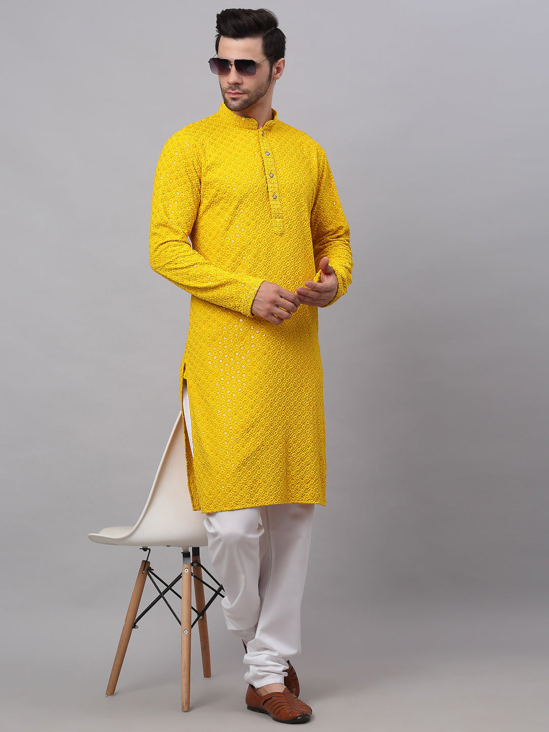 Jompers Men's Yellow Chikankari Embroidered and Sequence Kurta | Grocsy