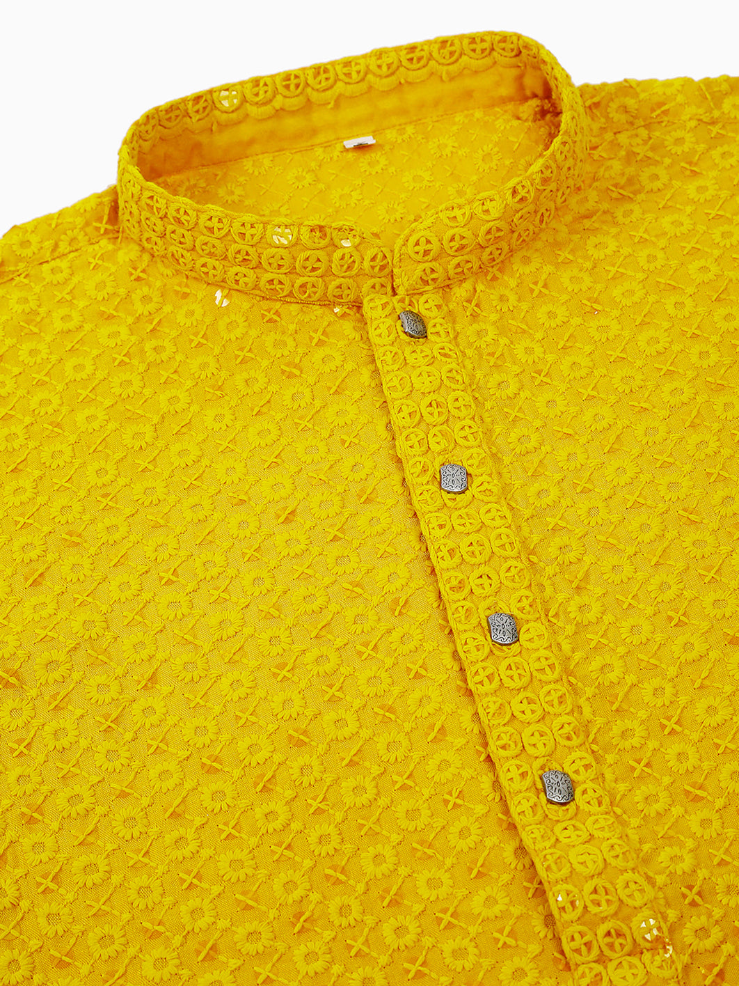 Jompers Men's Yellow Chikankari Embroidered and Sequence Kurta | Grocsy