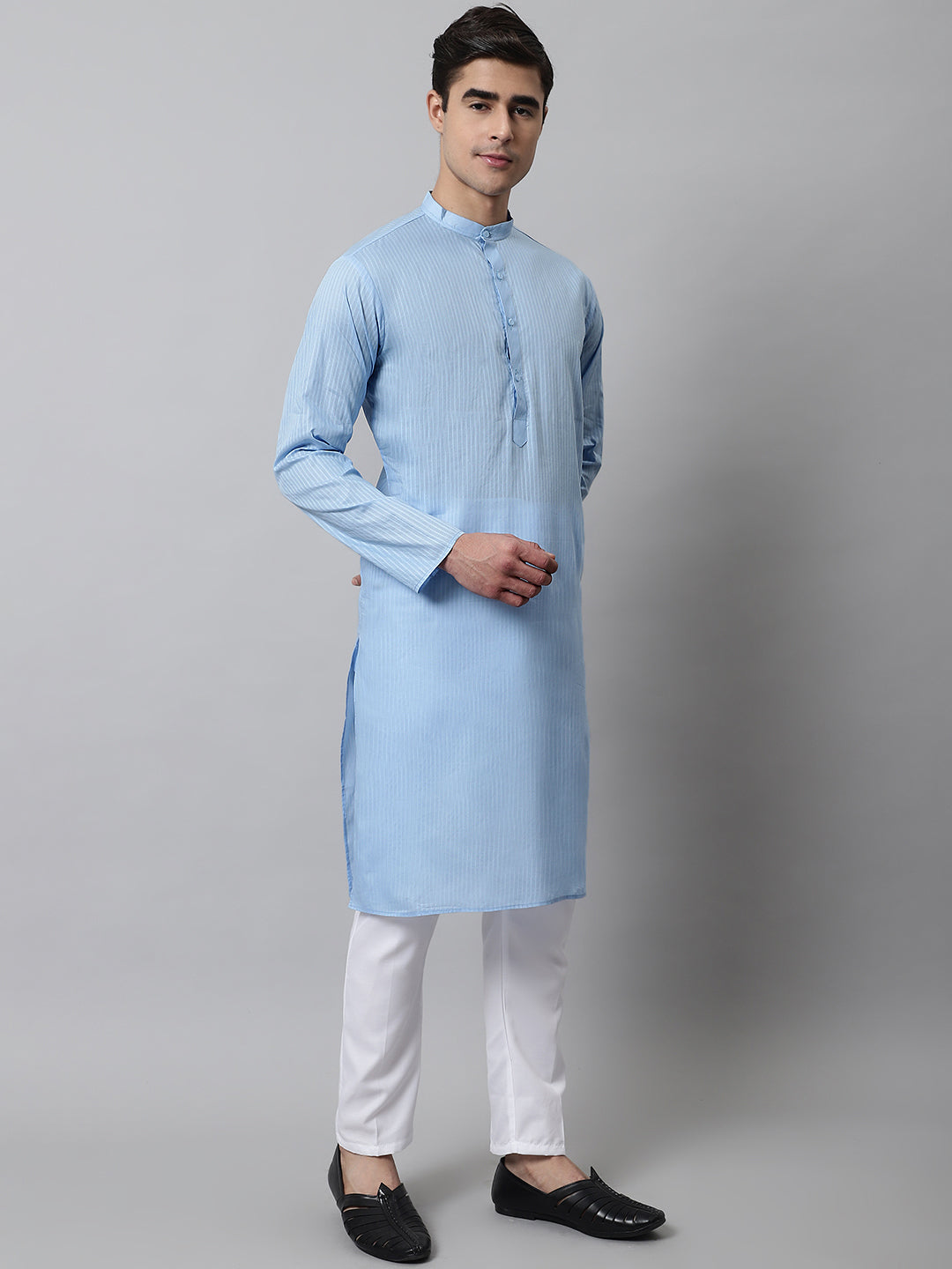 Jompers Men's Light blue Cotton Striped Kurta | Grocsy