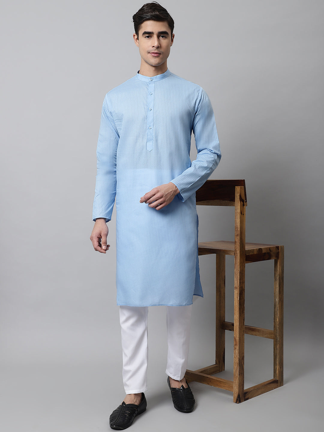 Jompers Men's Light blue Cotton Striped Kurta | Grocsy