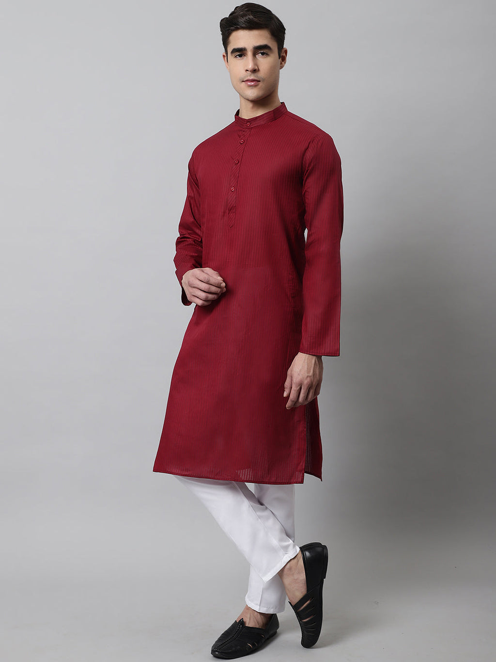 Jompers Men's Maroon Cotton Striped Kurta | Grocsy