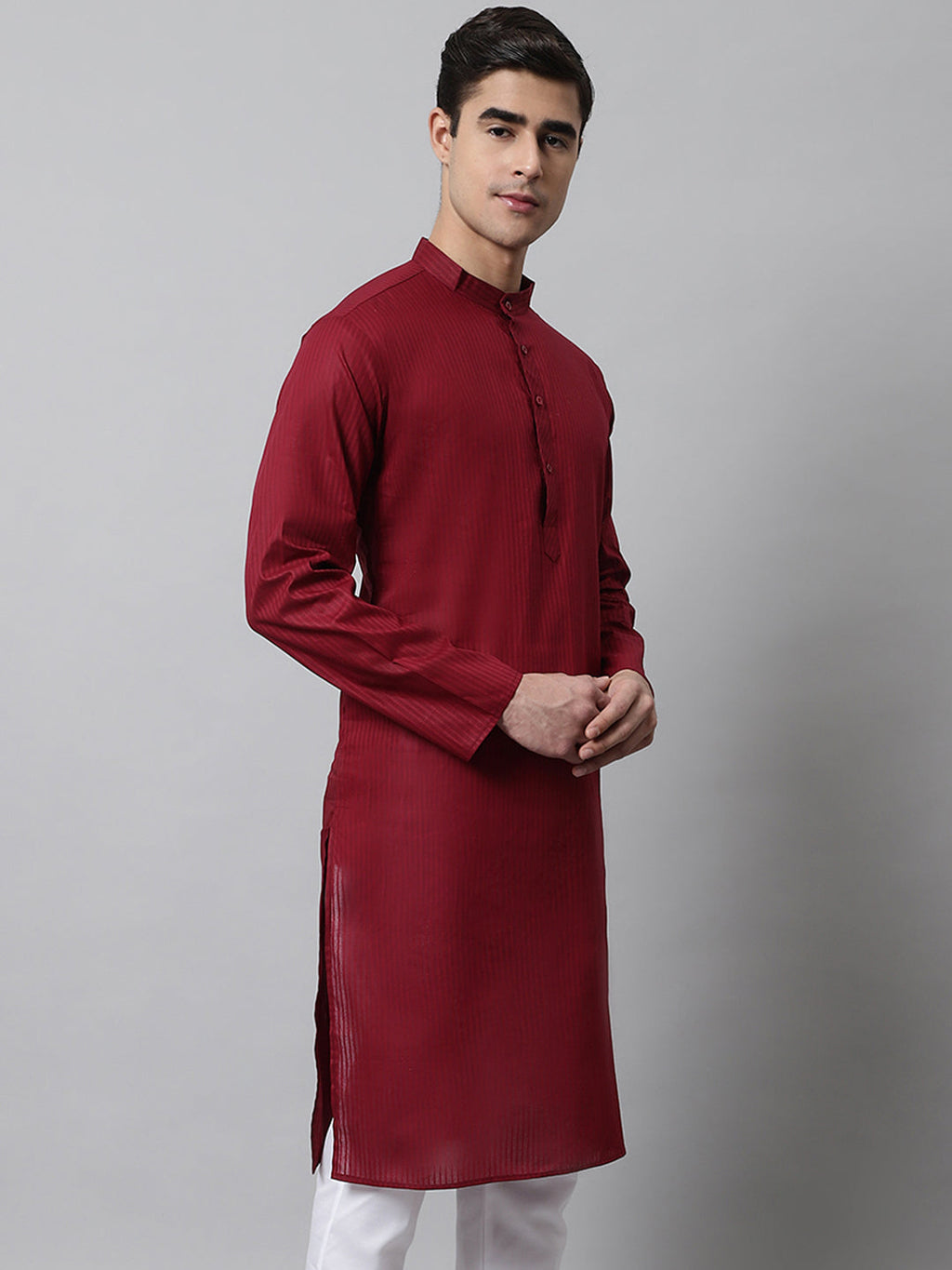 Jompers Men's Maroon Cotton Striped Kurta | Grocsy