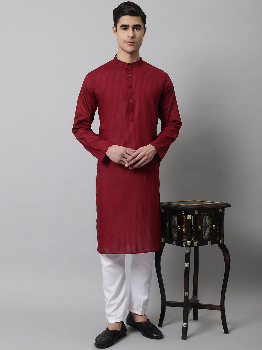 Jompers Men's Maroon Cotton Striped Kurta | Grocsy