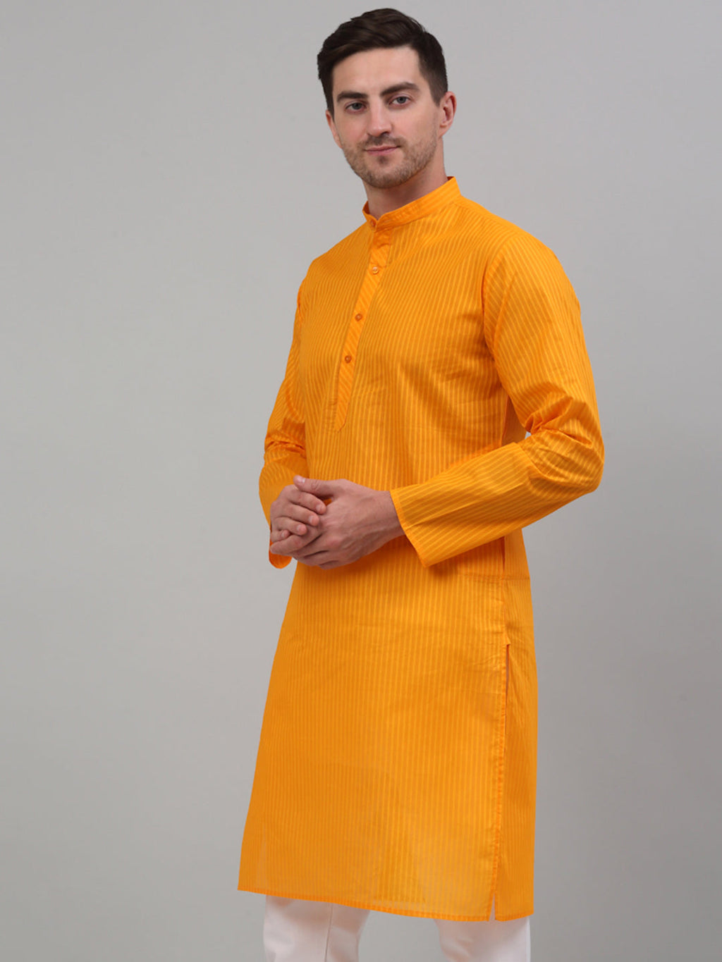 Jompers Men's Mustard Cotton Striped Kurta Only | Grocsy
