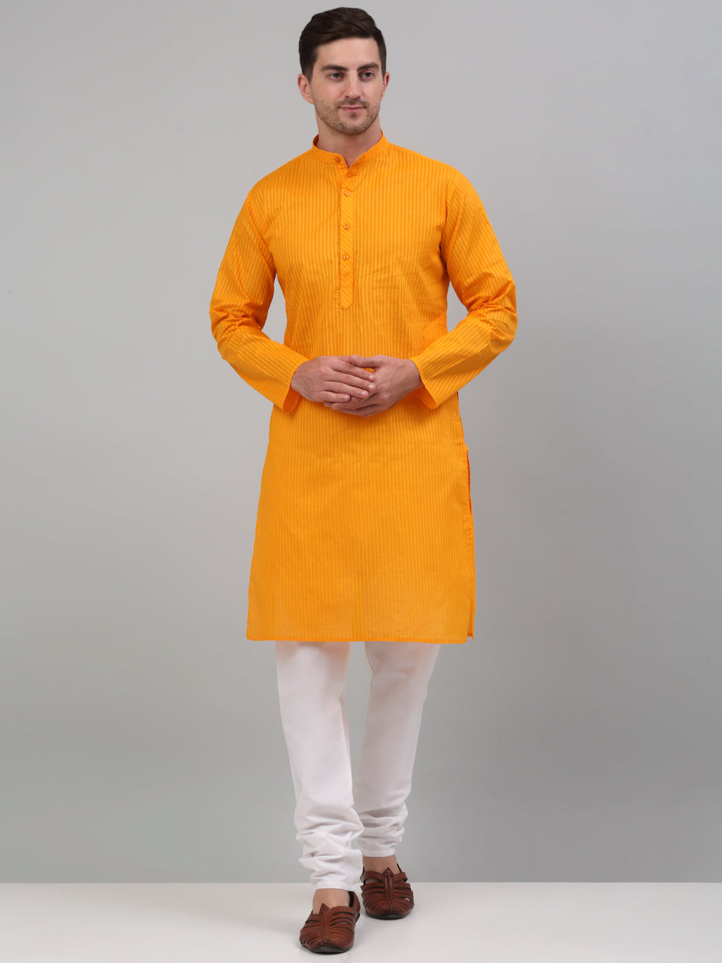Jompers Men's Mustard Cotton Striped Kurta Only | Grocsy