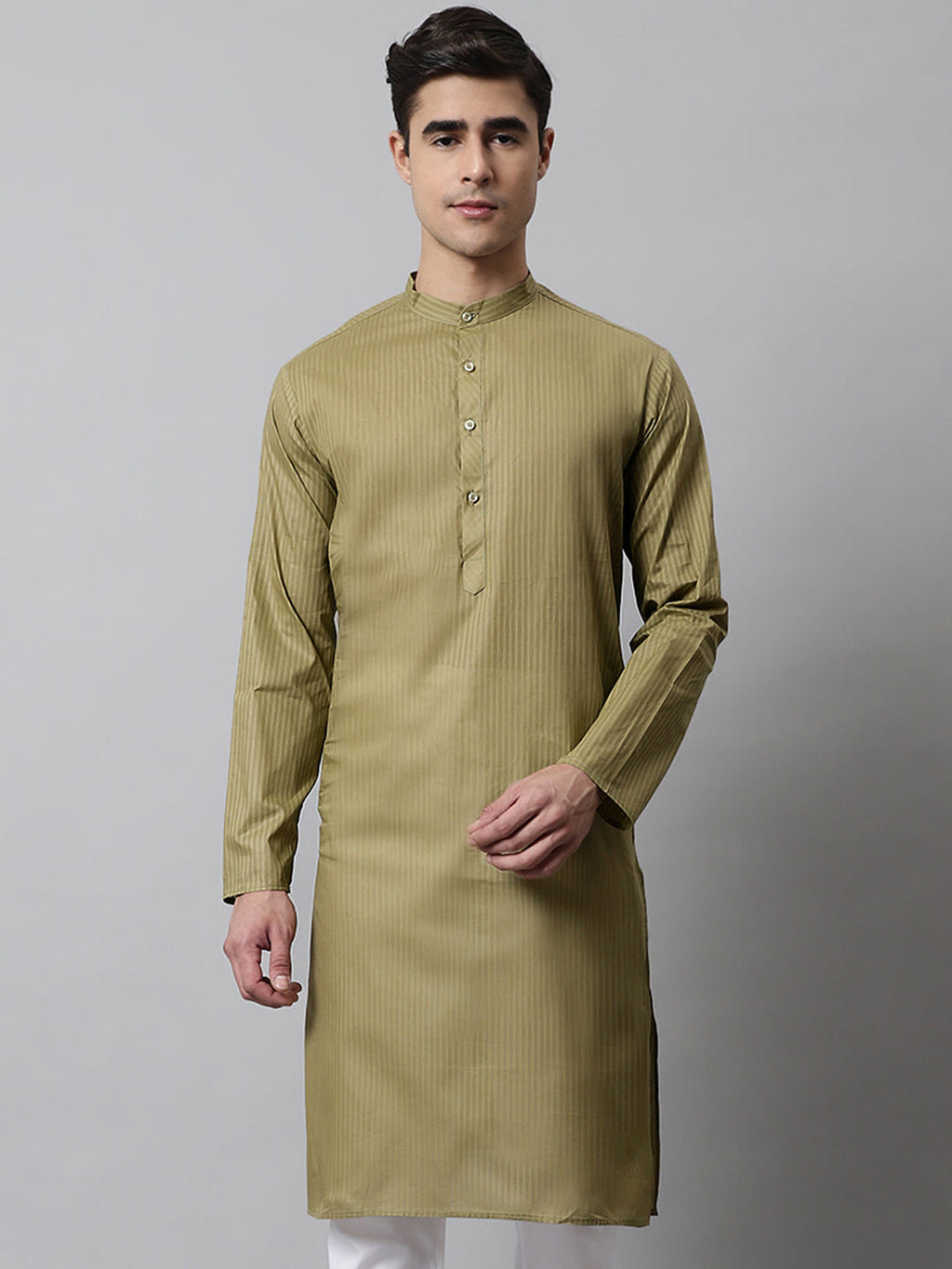 Jompers Men's Olive Green Cotton Striped Kurta | Grocsy