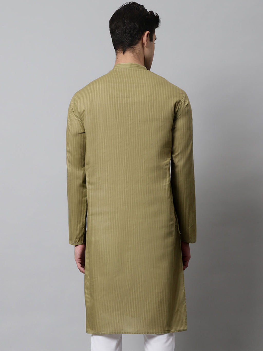 Jompers Men's Olive Green Cotton Striped Kurta | Grocsy