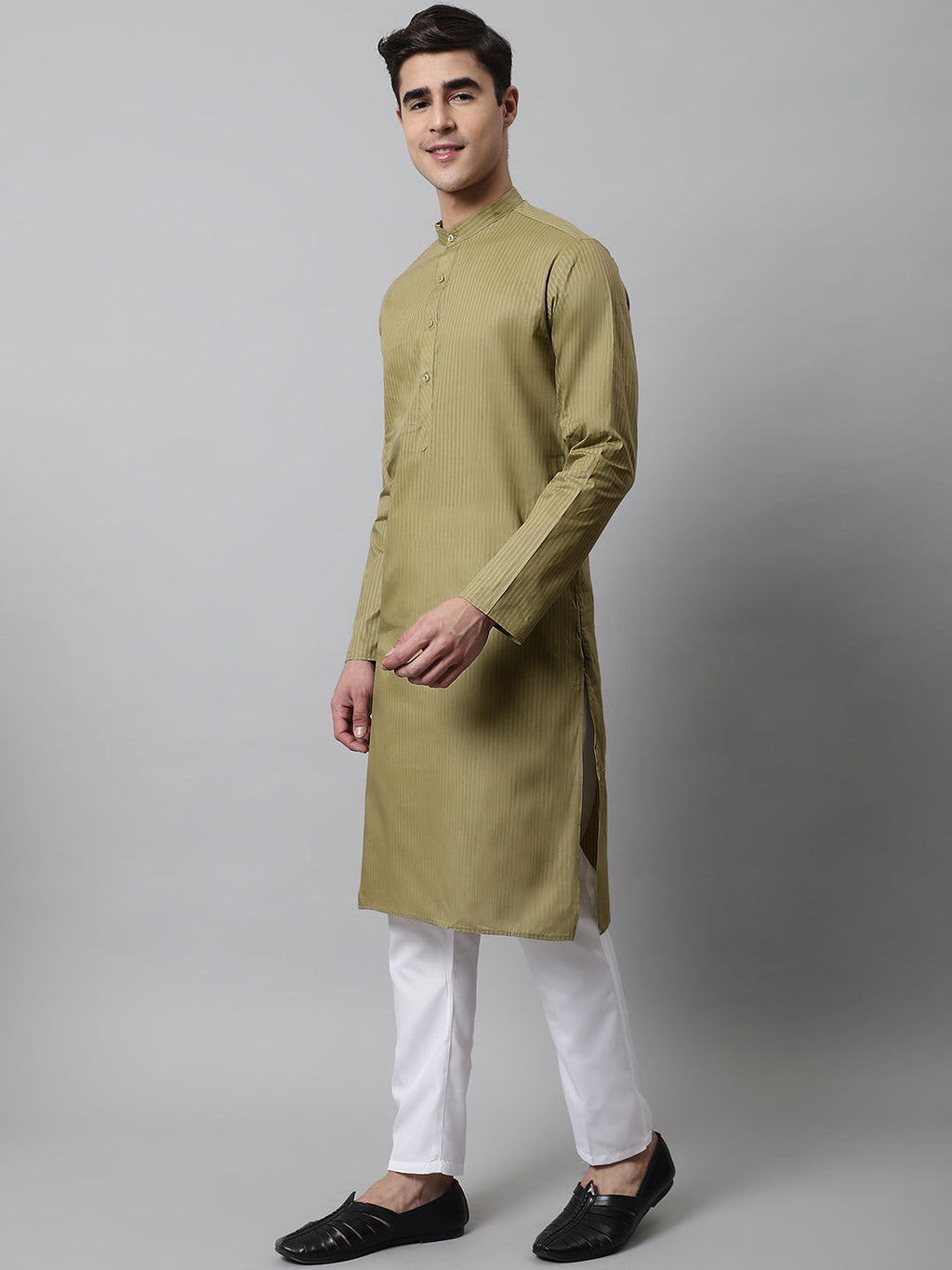 Jompers Men's Olive Green Cotton Striped Kurta | Grocsy