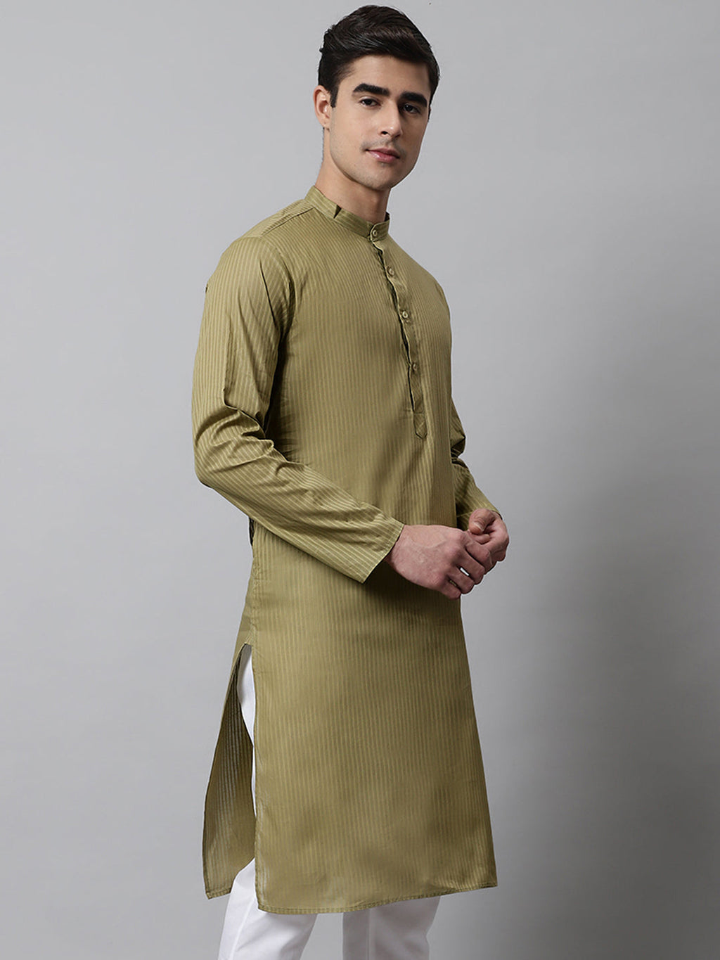 Jompers Men's Olive Green Cotton Striped Kurta | Grocsy