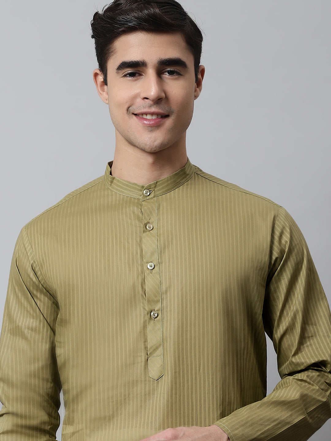 Jompers Men's Olive Green Cotton Striped Kurta | Grocsy