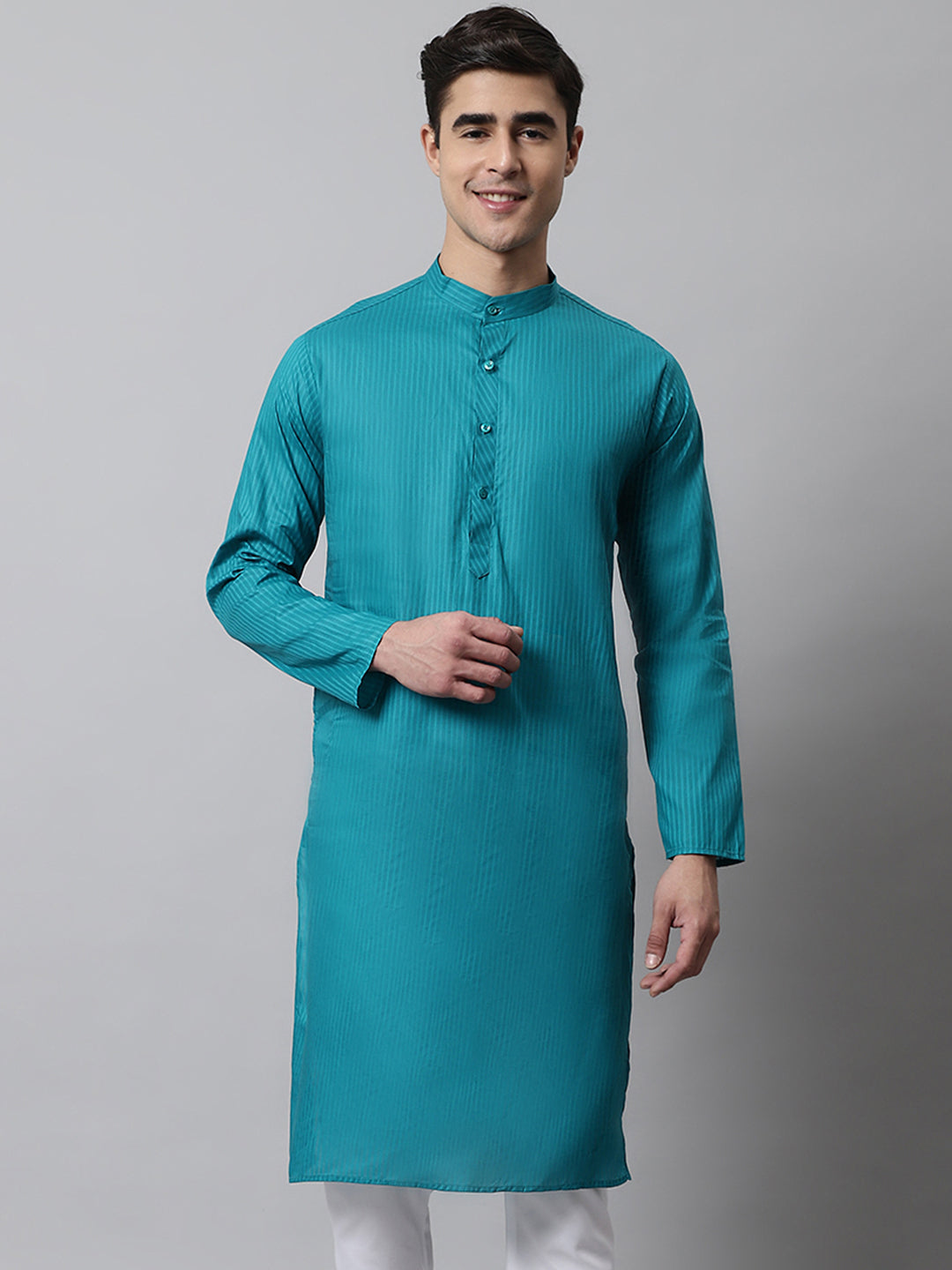 Jompers Men's Teal Blue Cotton Striped Kurta | Grocsy