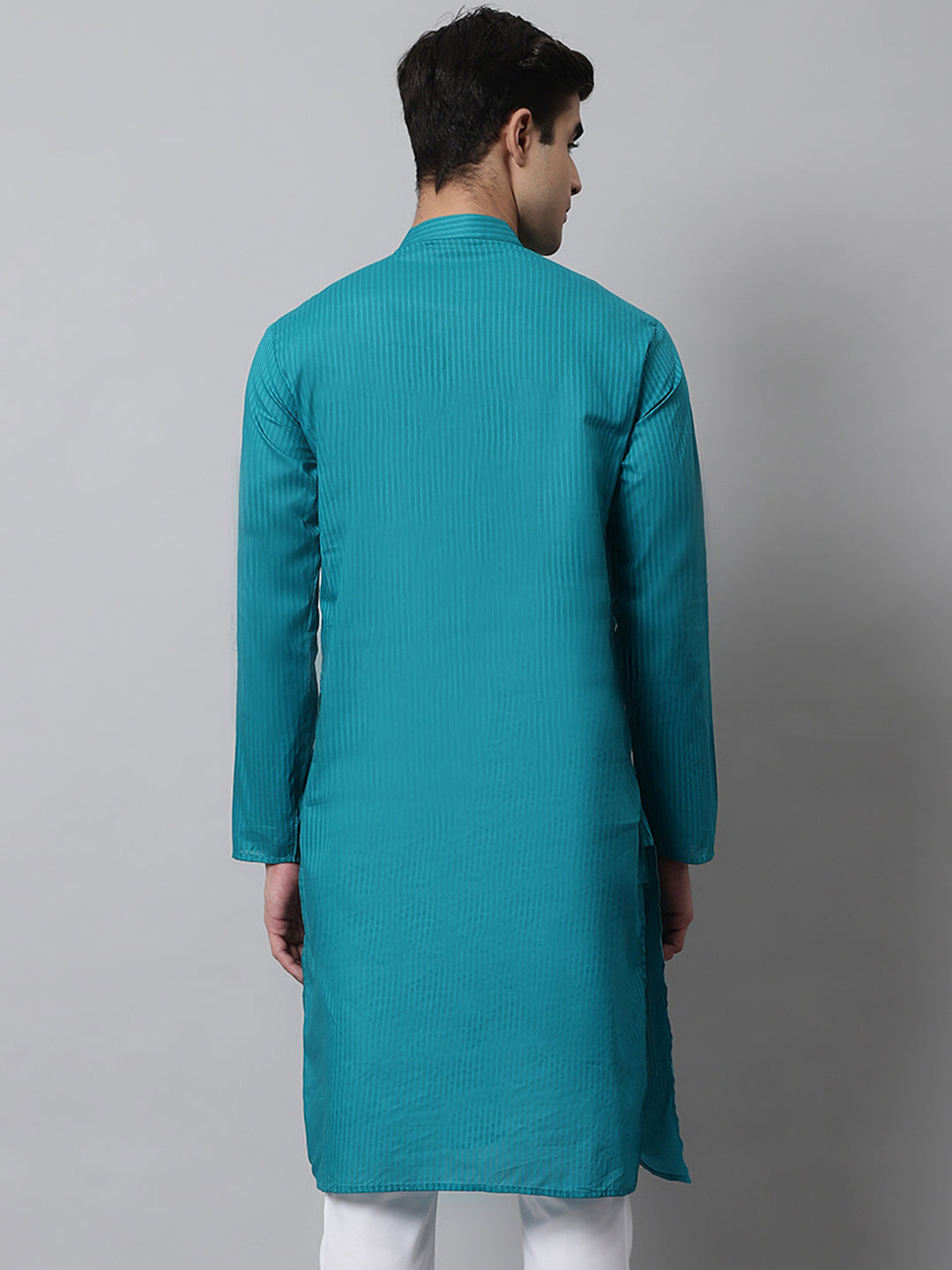 Jompers Men's Teal Blue Cotton Striped Kurta | Grocsy