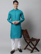 Jompers Men's Teal Blue Cotton Striped Kurta | Grocsy