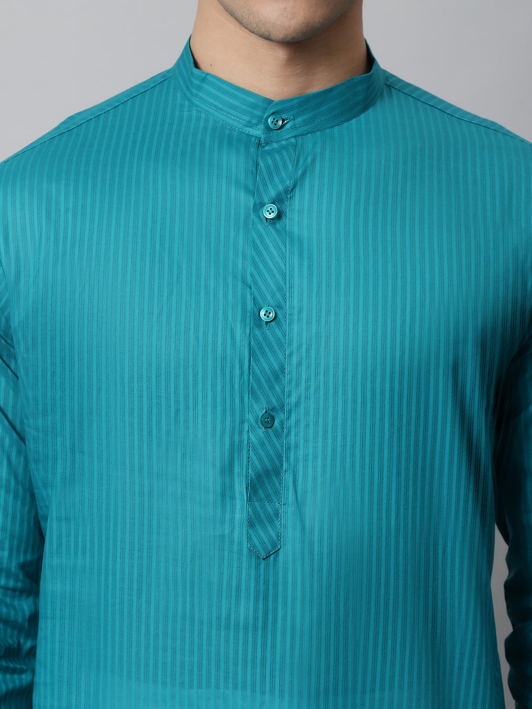 Jompers Men's Teal Blue Cotton Striped Kurta | Grocsy