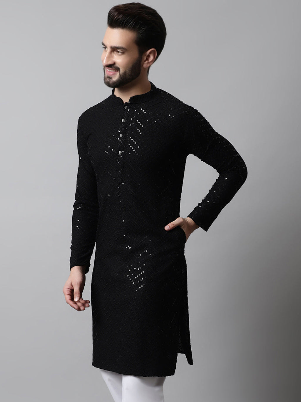 Jompers Men's Black Embroidered Sequinned Kurta | Grocsy