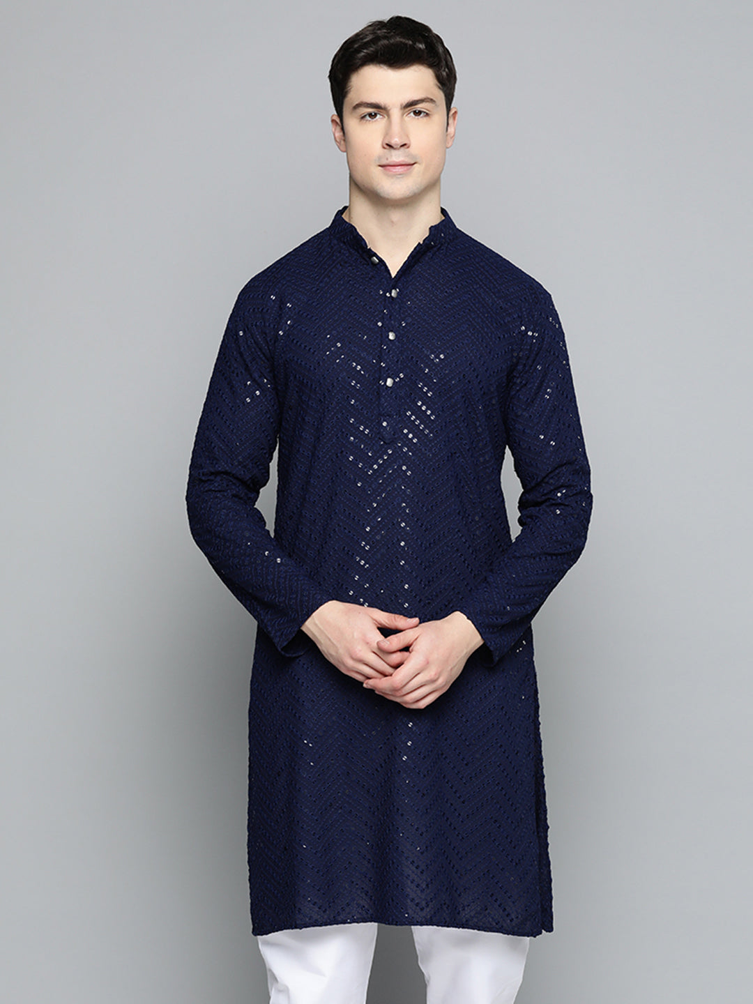 Jompers Men's Navy Blue Embroidered Sequinned Kurta with Churidar | Grocsy