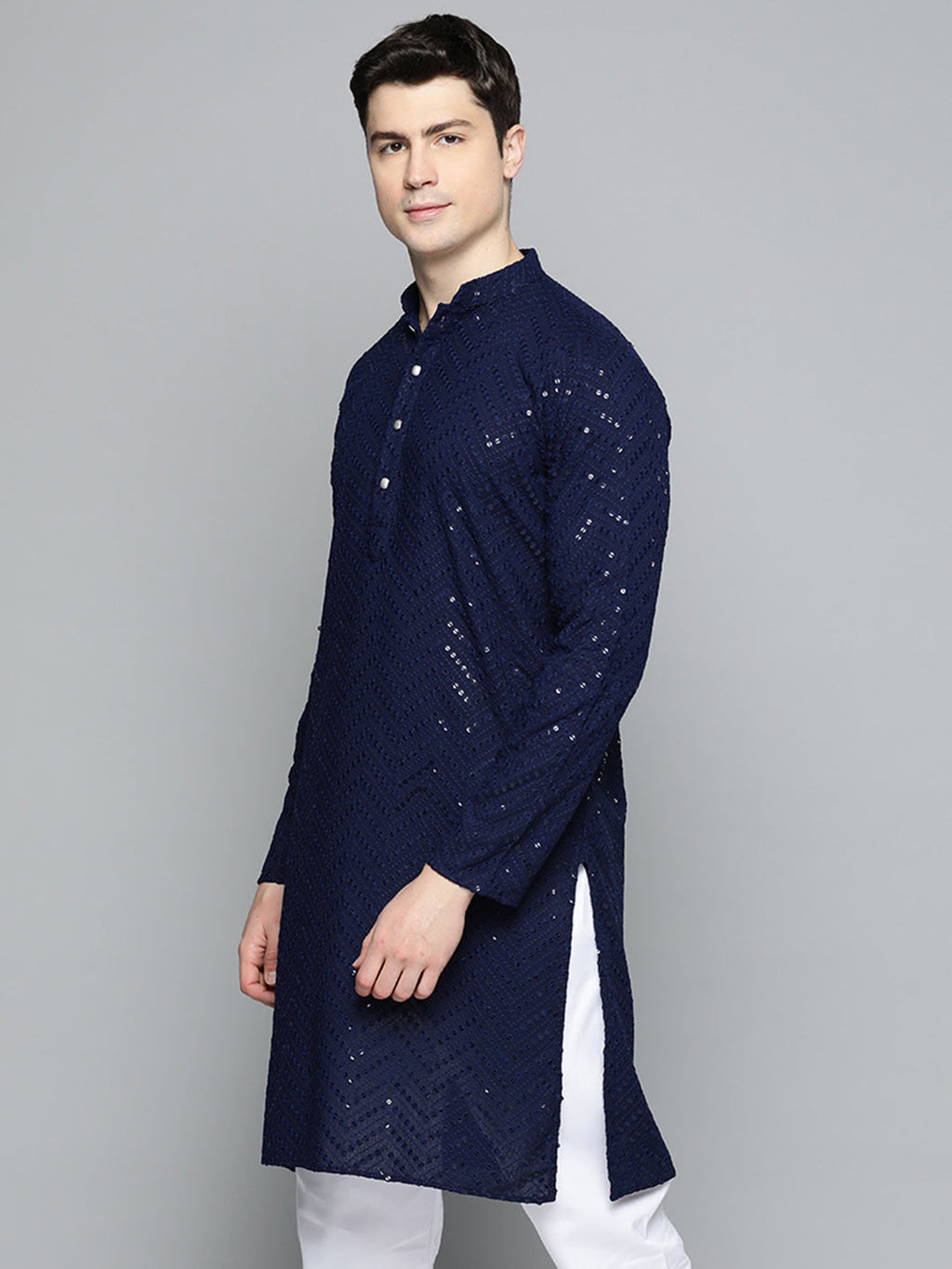 Jompers Men's Navy Blue Embroidered Sequinned Kurta with Churidar | Grocsy
