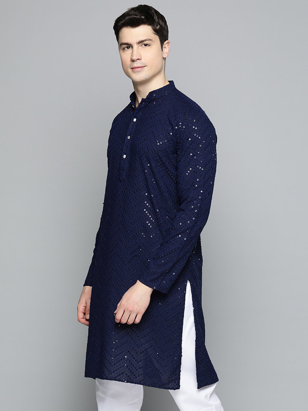 Jompers Men's Navy Blue Embroidered Sequinned Kurta with Churidar | Grocsy
