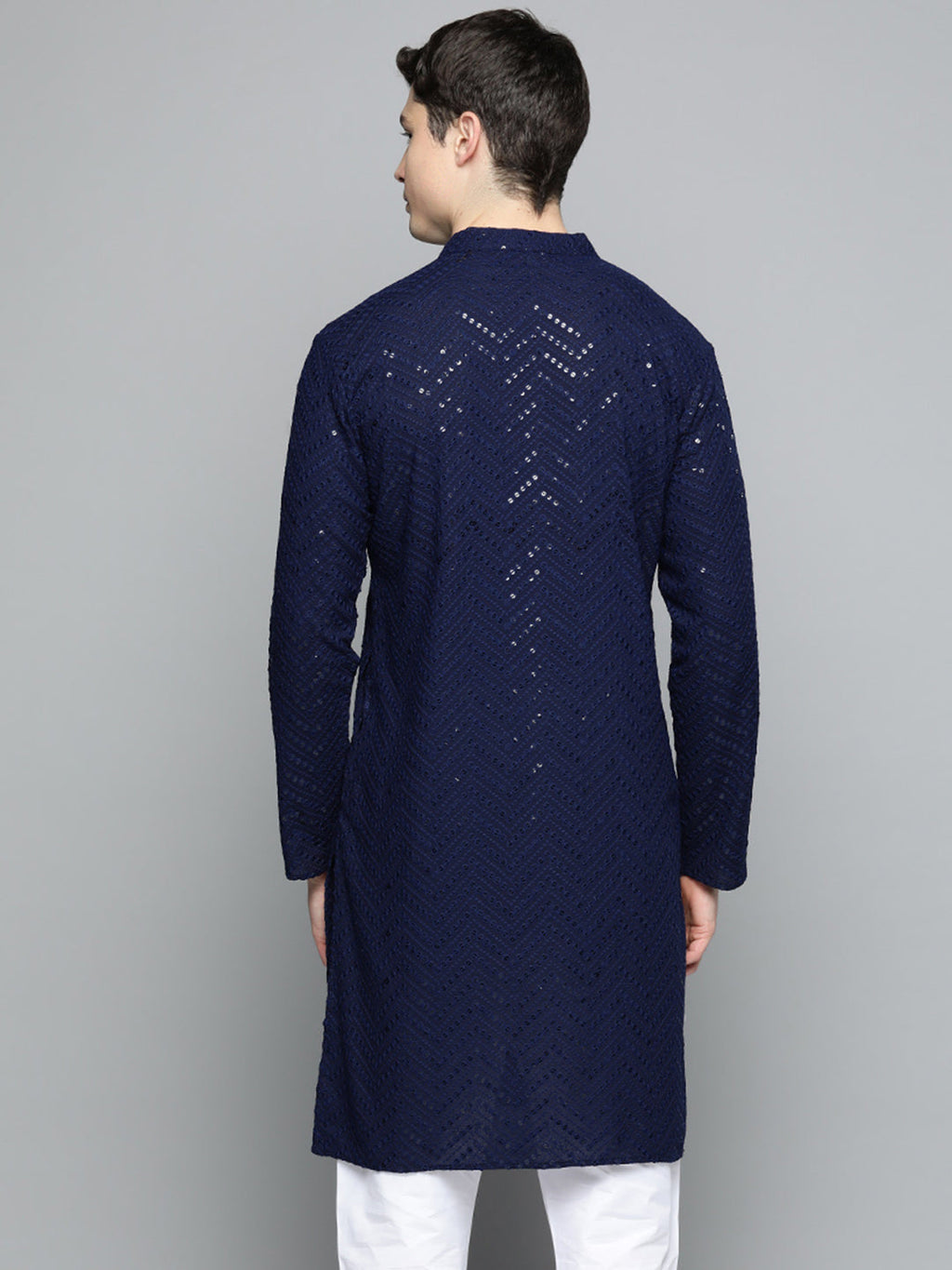 Jompers Men's Navy Blue Embroidered Sequinned Kurta with Churidar | Grocsy