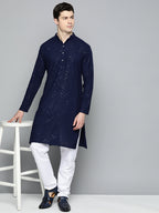 Jompers Men's Navy Blue Embroidered Sequinned Kurta with Churidar | Grocsy