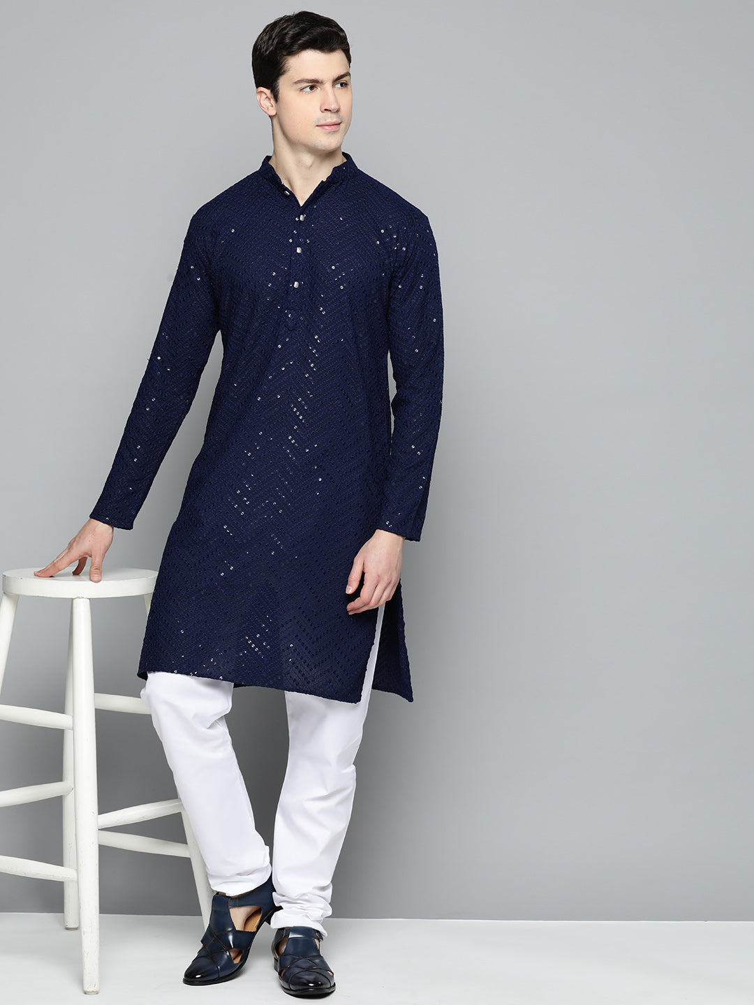 Jompers Men's Navy Blue Embroidered Sequinned Kurta | Grocsy