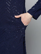 Jompers Men's Navy Blue Embroidered Sequinned Kurta with Churidar | Grocsy