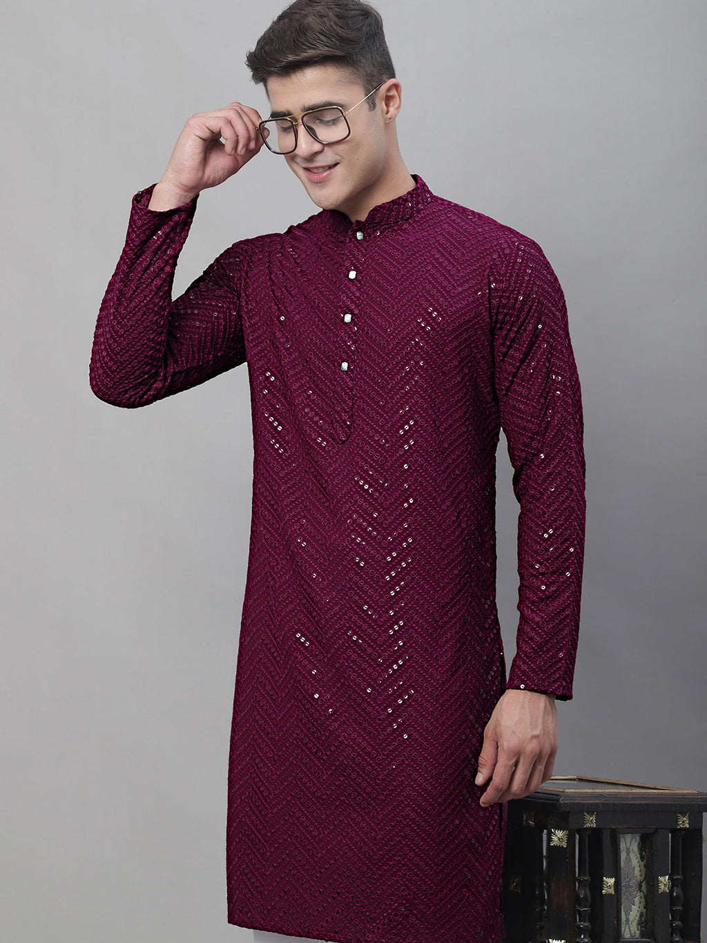 Jompers Men's Purple Embroidered Sequinned Kurta | Grocsy