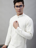 Jompers Men's White Embroidered Sequinned Kurta | Grocsy