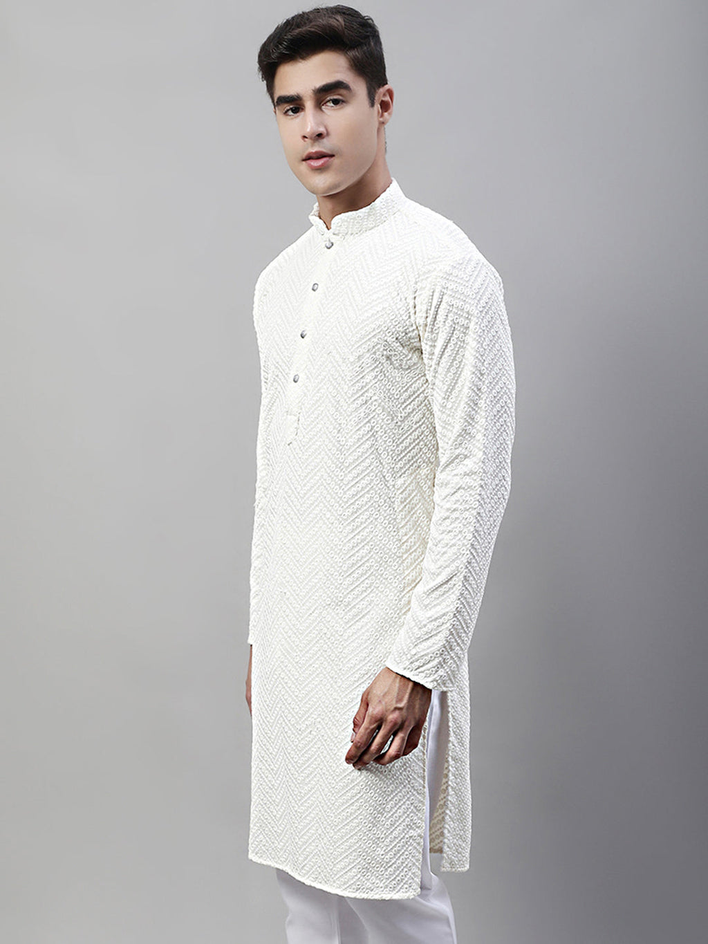 Jompers Men's White Embroidered Sequinned Kurta | Grocsy