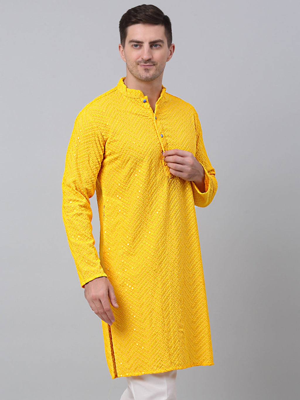 Jompers Men's Yellow Embroidered Sequinned Kurta | Grocsy